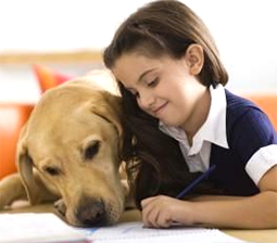 girl reading dog